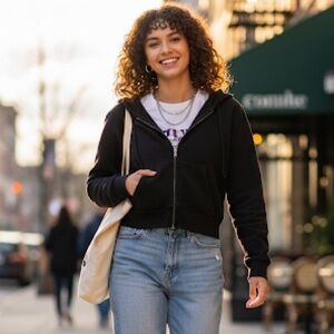 Brandy Melville Sz S Black Cropped Relaxed Hooded Full Zip Sweater